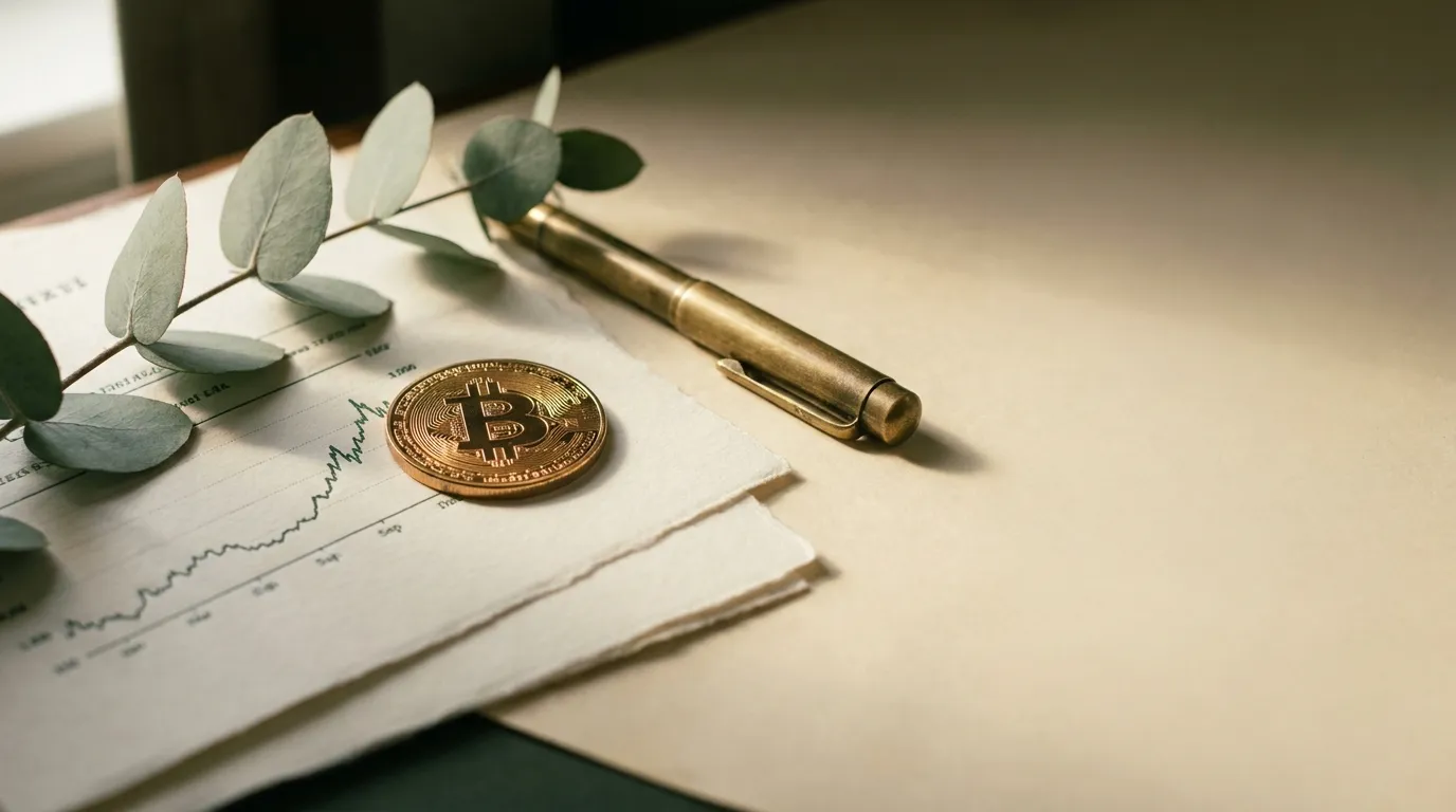 Gold bitcoin coin resting on printed market charts beside a eucalyptus sprig